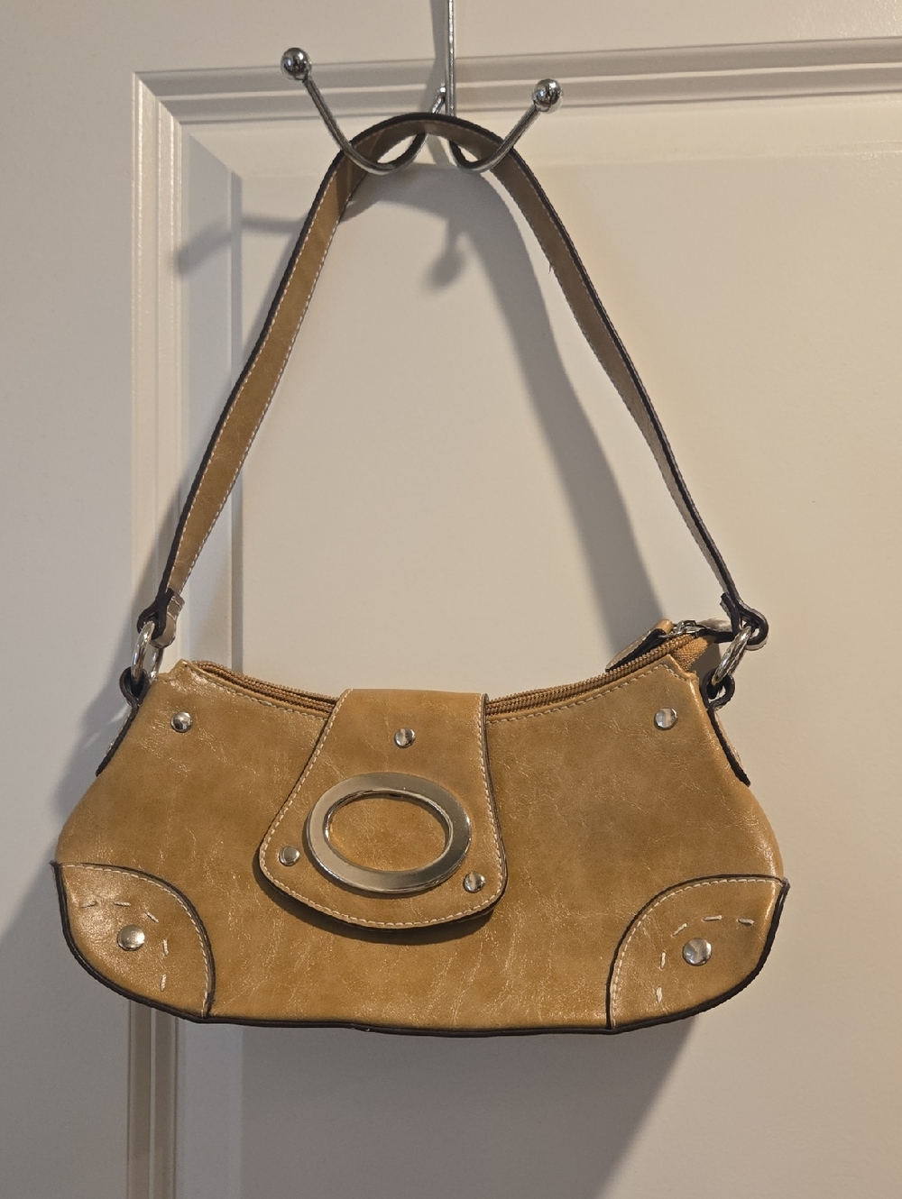 Women's Tan Shoulder Bag with Oval Metal Accent